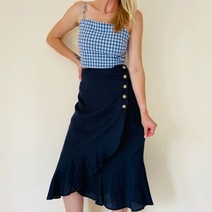 New Lauren Ralph Lauren Linen Flounce Hem Wrap navy blue midi Skirt